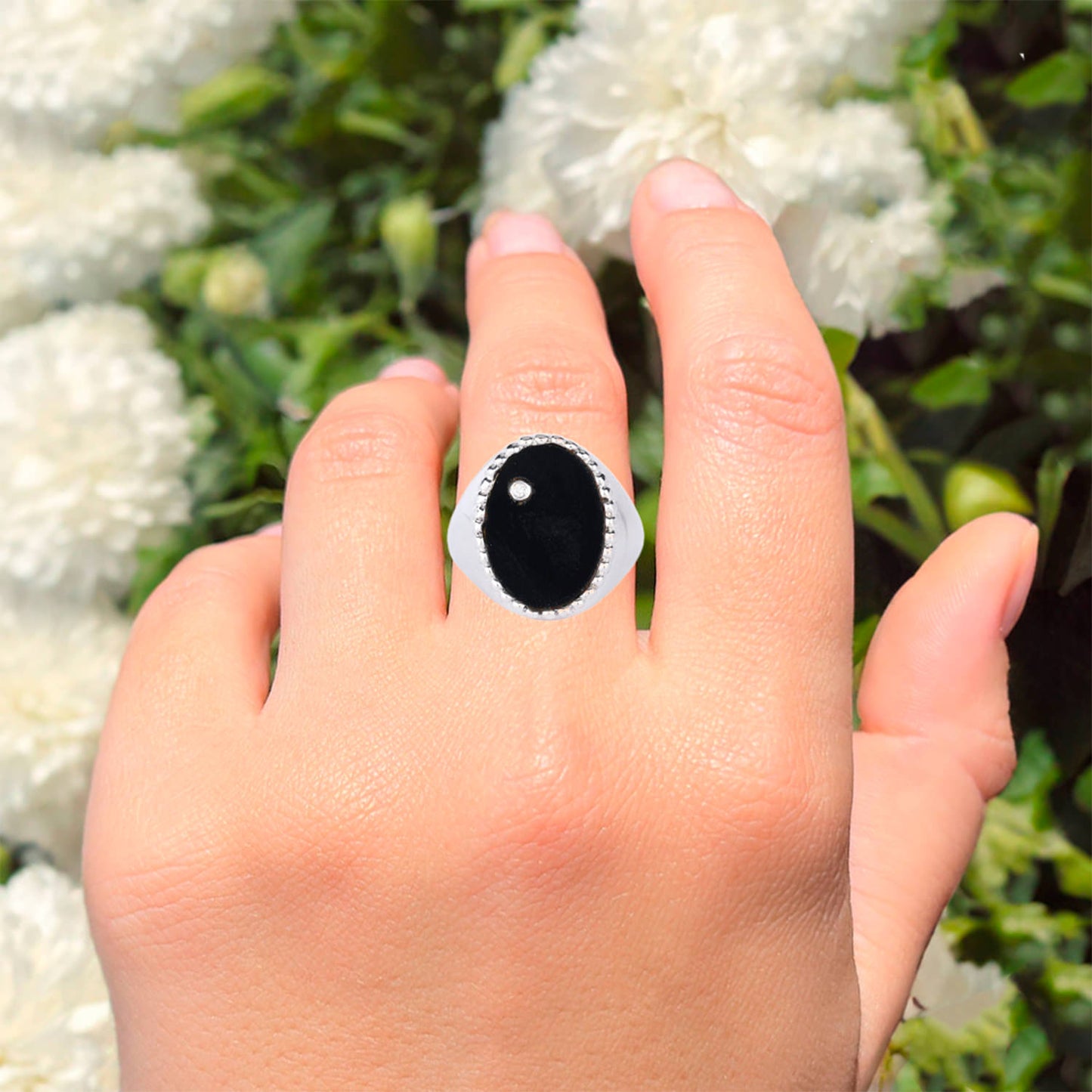 Black Onyx Ring With Diamonds 1.86 Carats Sterling Silver