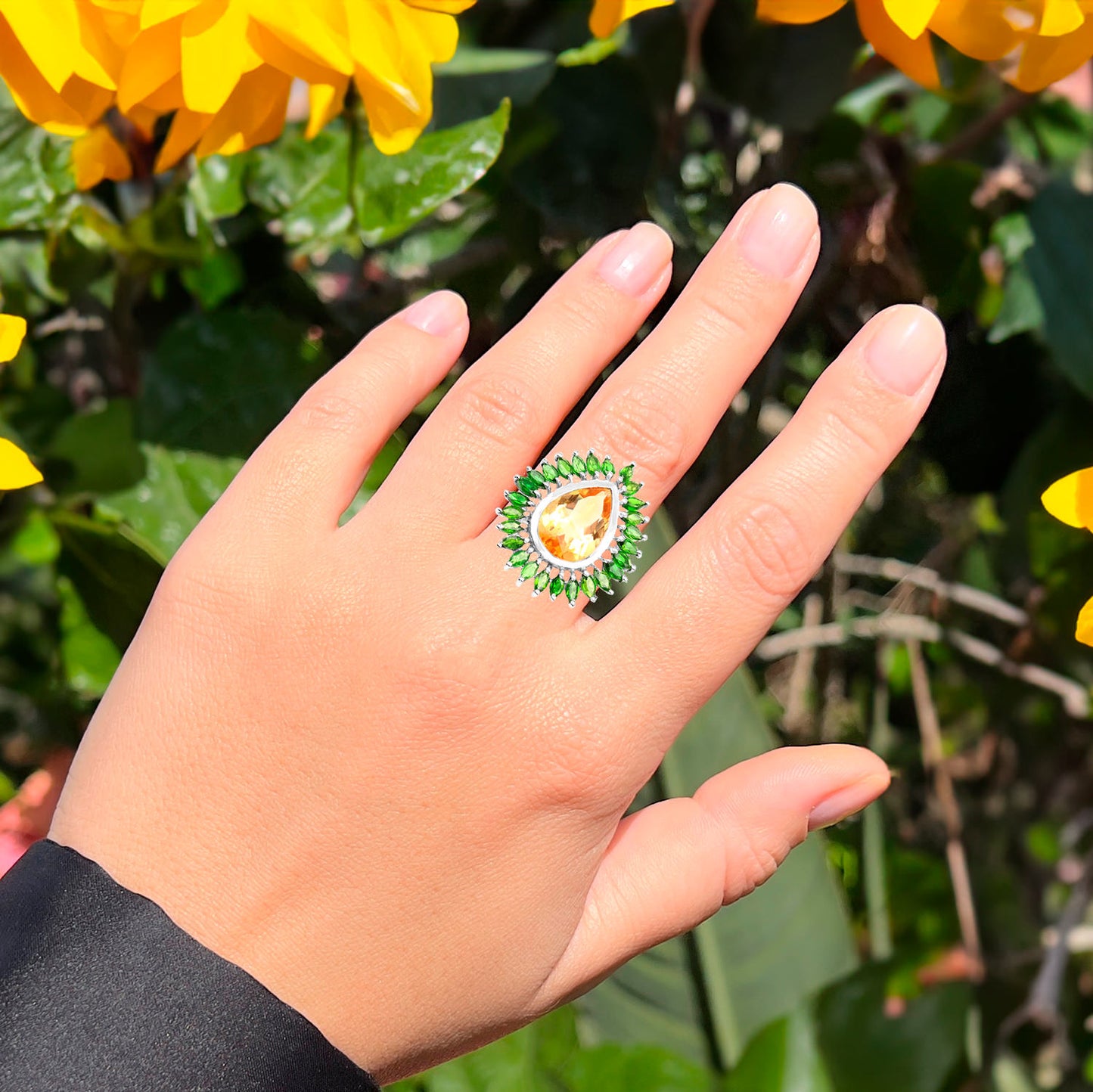 Citrine Cocktail Ring Chrome Diopside Halo 7.05 Carats Sterling Silver