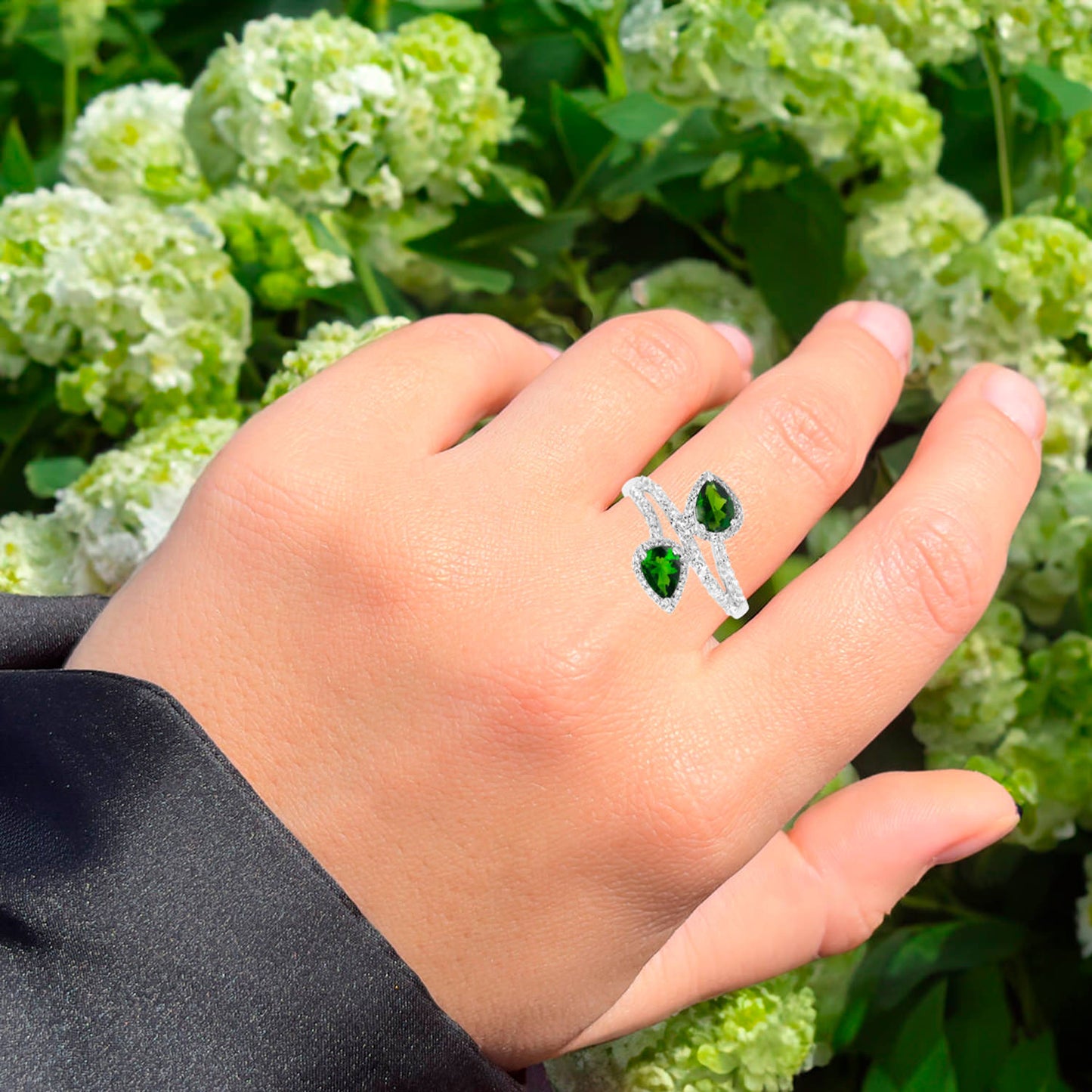 Chrome Diopside Bypass Ring White Topaz 2.22 Carats Sterling Silver