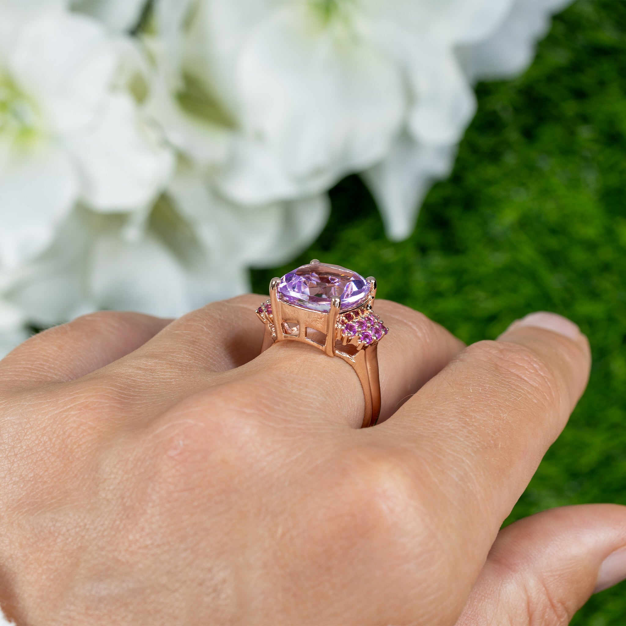 Pink Amethyst Ring With Rhodolite Garnet 5.86 Carats Gold Plated Silver