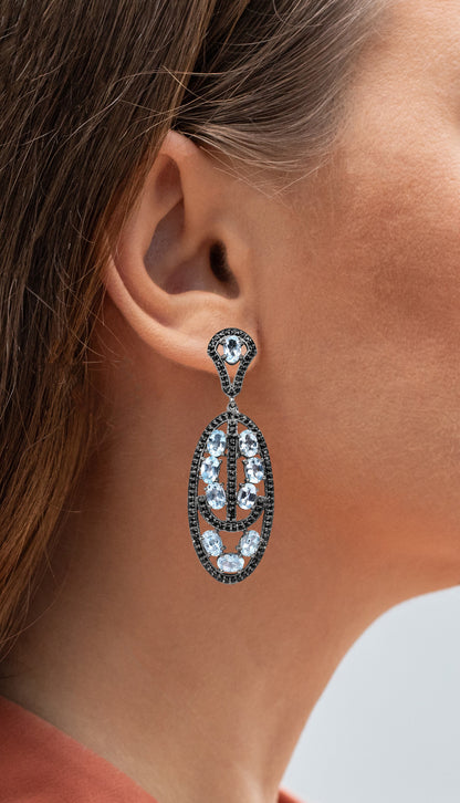 Blue Topaz Dangle Earrings With Black Spinels 13.9 Carats Rhodium Plated Silver