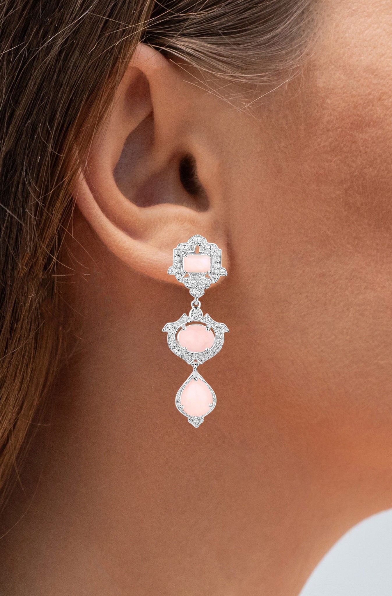 Pink Opal Dangle Earrings White Topaz 6.9 Carats Silver