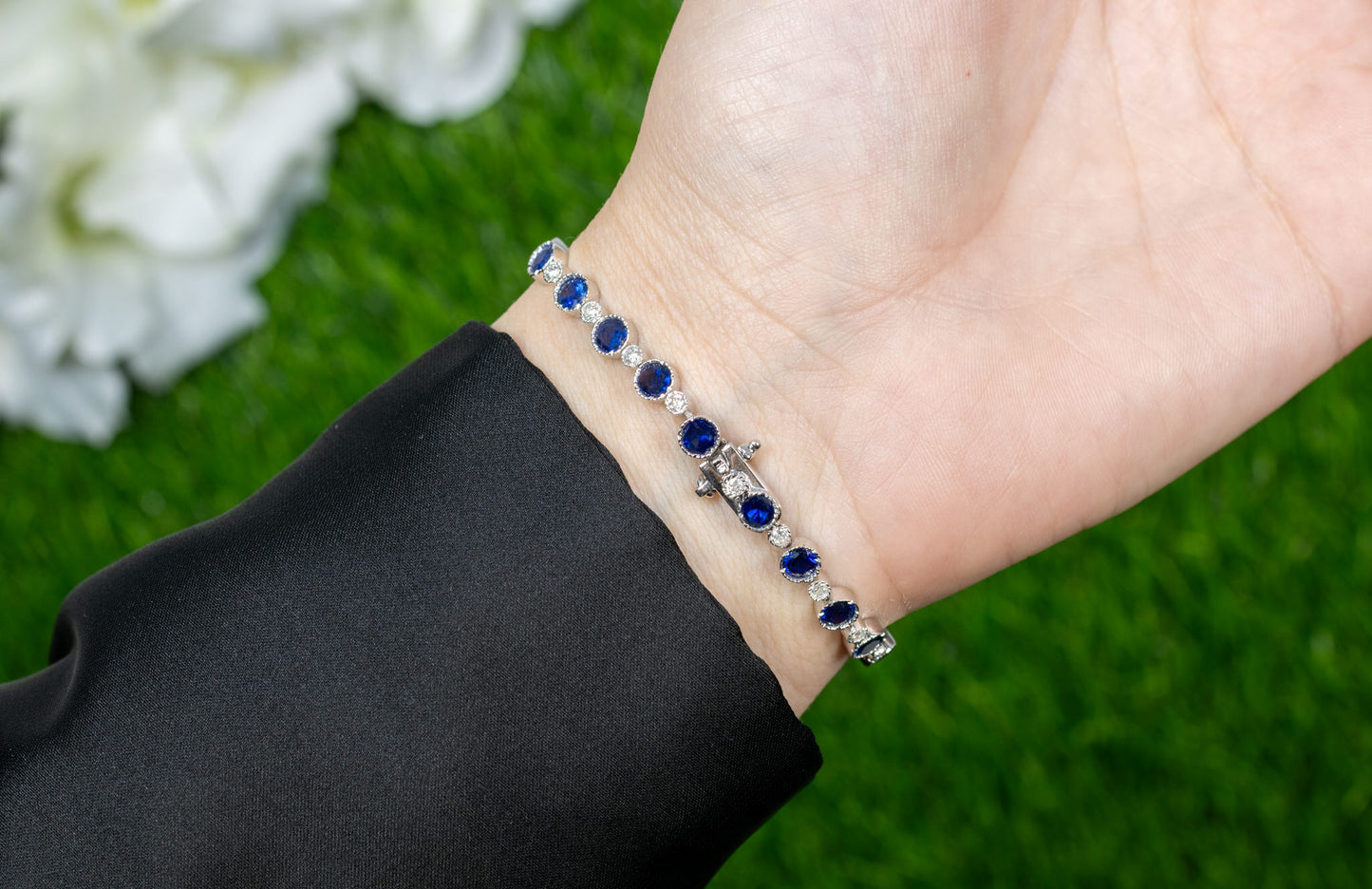 Blue Sapphire Tennis Bracelet Diamond Links 6 Carats 18K White Gold