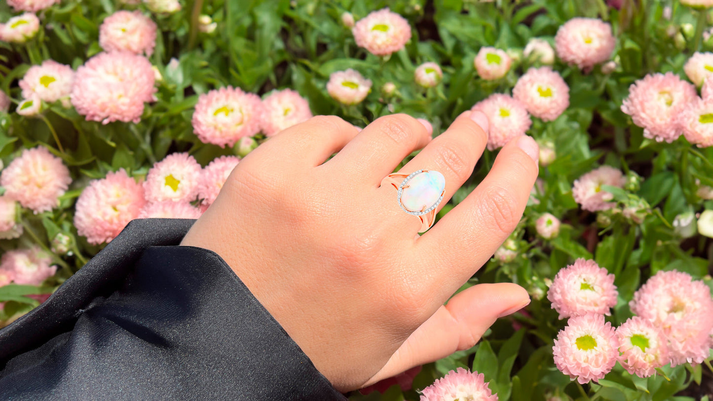 Ethiopian Opal Cocktail Ring With Diamond Halo 3.25 Carats 14K Rose Gold