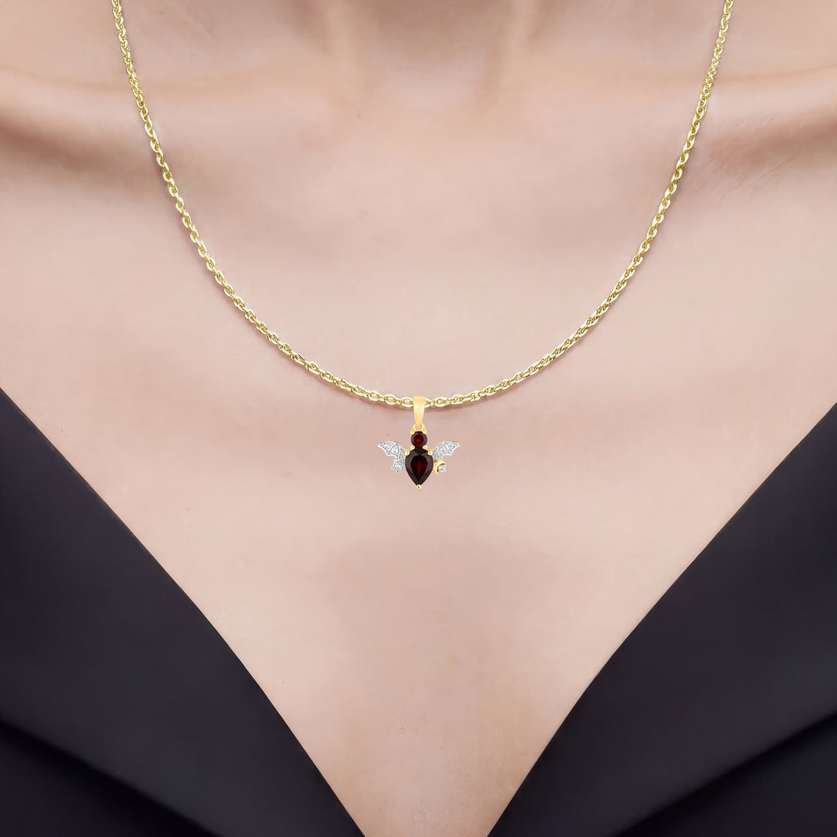 Garnet Bat Pendant With White Topaz 1.55 Carats Gold Plated Silver
