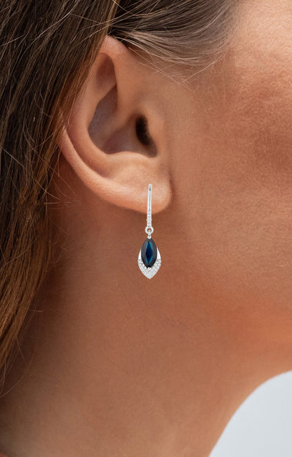 Blue Sapphire Dangle Earrings Diamonds 2.7 Carats 14K White Gold