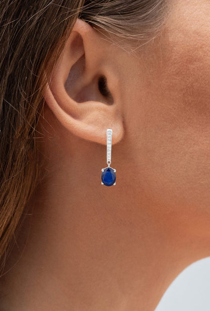 Blue Sapphire Dangle Earrings Diamonds 3.2 Carats 14K White Gold
