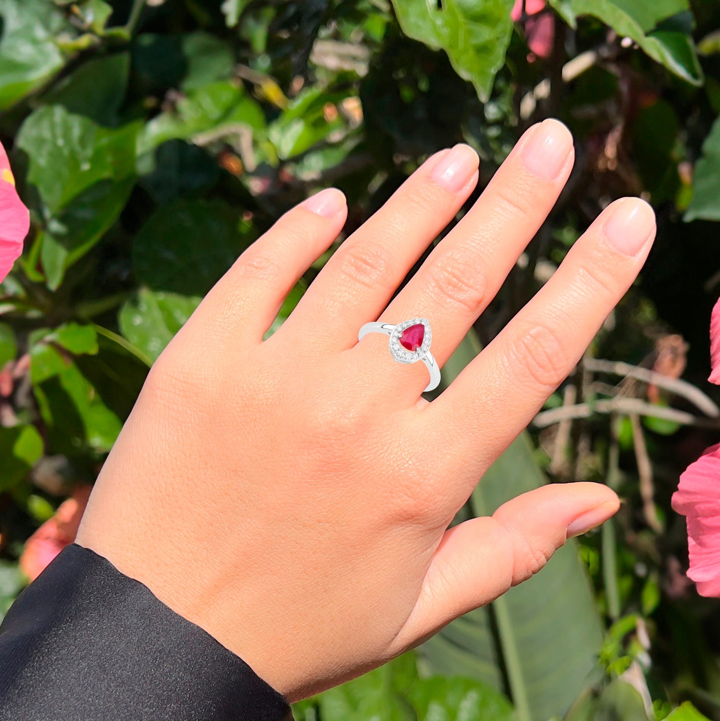 Pear Ruby Ring With Diamonds 0.92 Carats 14K White Gold