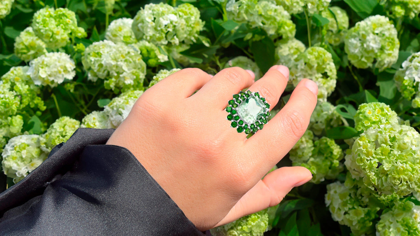 Green Amethyst Cocktail Ring Chrome Diopside Double Halo 9.9 Carats