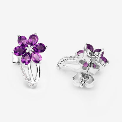 Amethyst Flower Earrings With White Topaz 1.86 Carats Sterling Silver