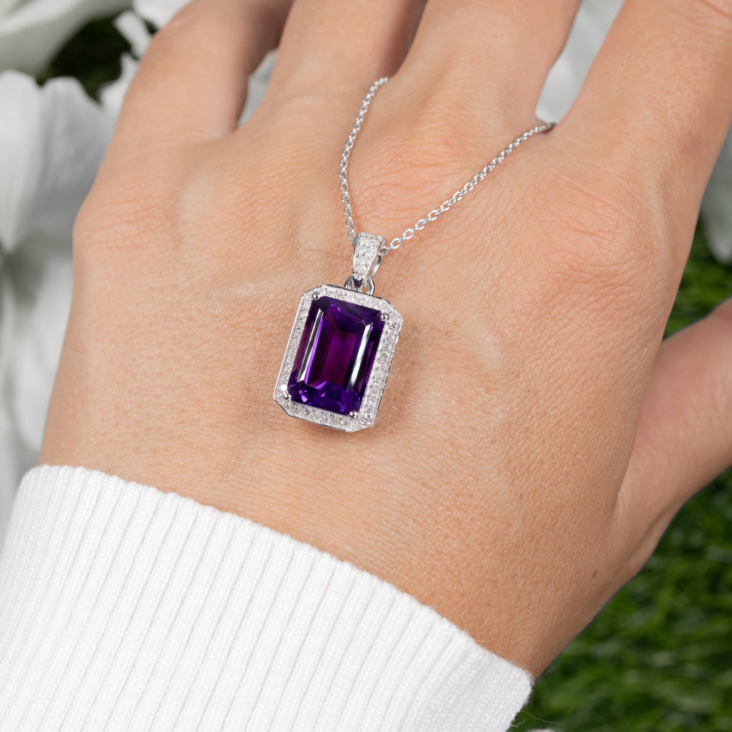 Amethyst Pendant Necklace Diamond Halo 5.34 Carats Sterling Silver