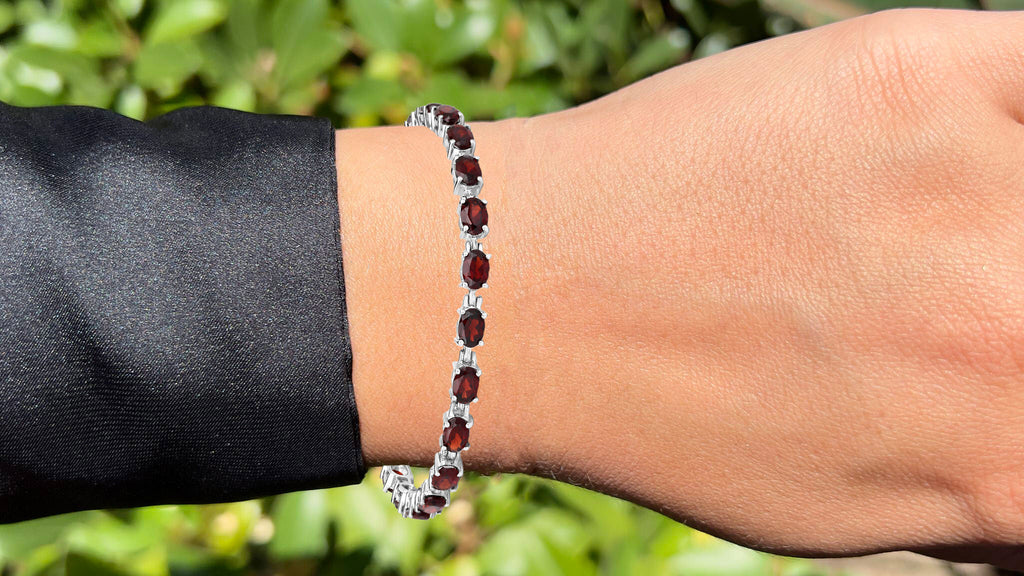 Red Garnet Tennis Bracelet 11.25 Carats Rhodium Plated Sterling Silver