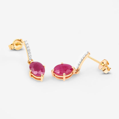 Ruby Dangle Earrings Diamonds 1.74 Carats 10K Yellow Gold