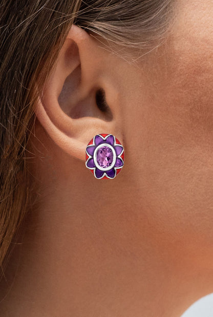 Natural Amethyst Floral Enamel Earrings 2.3 Carats