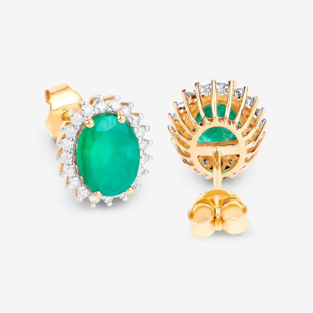 Zambian Emerald Earrings Diamonds Halo 2.65 Carats 10K Yellow Gold