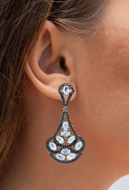 Blue Topaz Dangle Earrings Black Spinel 12.1 Carats Sterling Silver