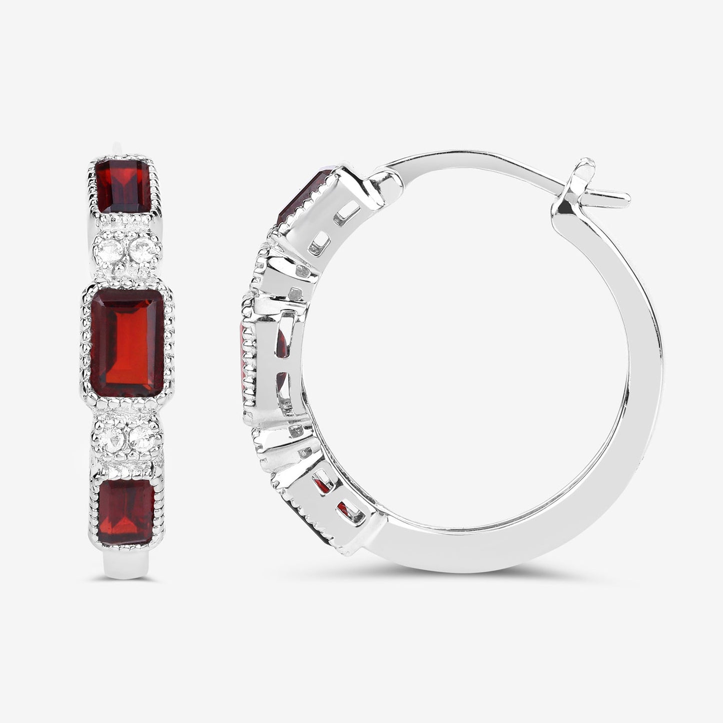 Garnet Hoop Earrings With White Topaz 2.74 Carats Sterling Silver
