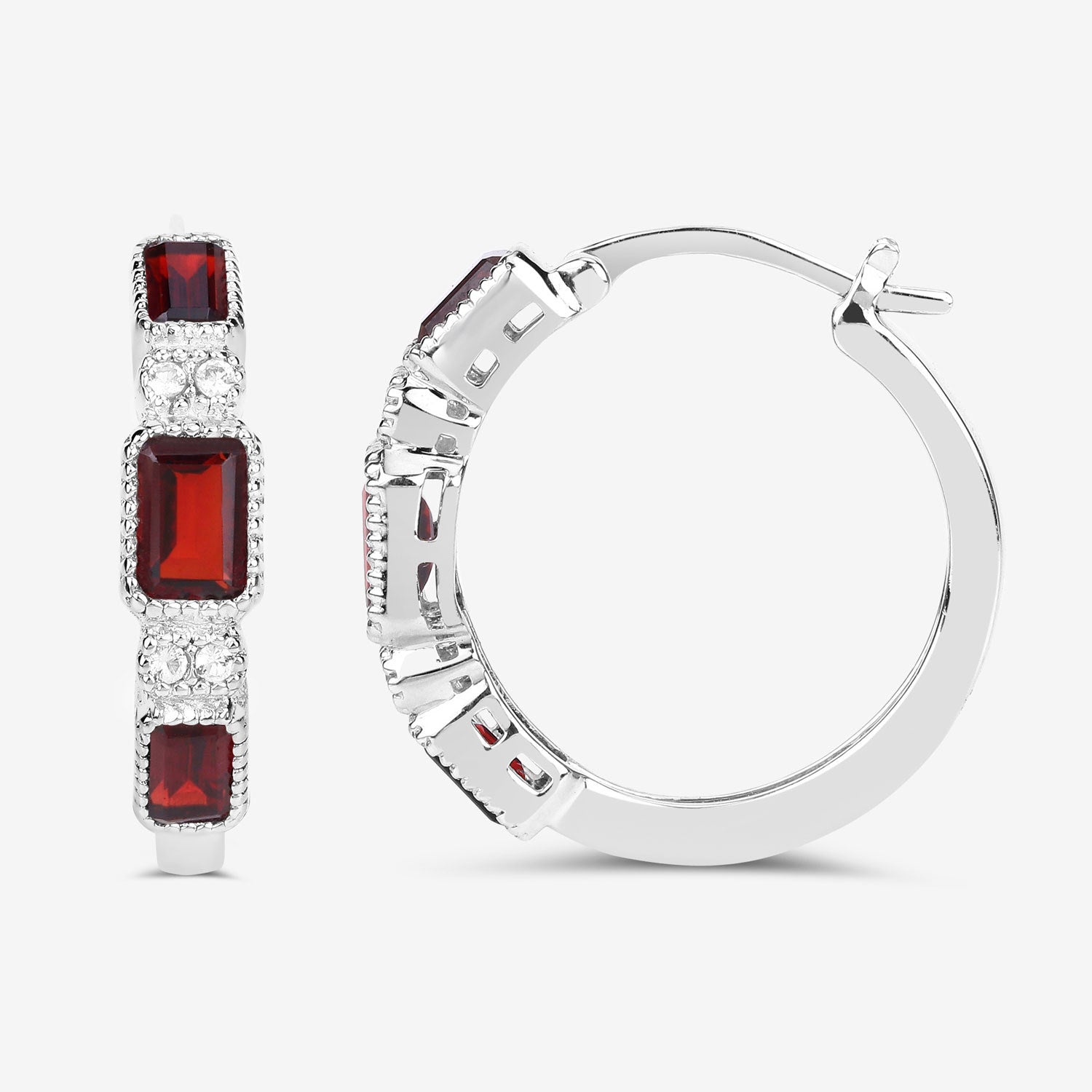 Garnet Hoop Earrings With White Topaz 2.74 Carats Sterling Silver