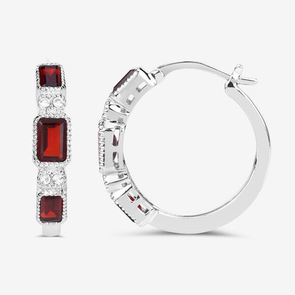 Garnet Hoop Earrings With White Topaz 2.74 Carats Sterling Silver