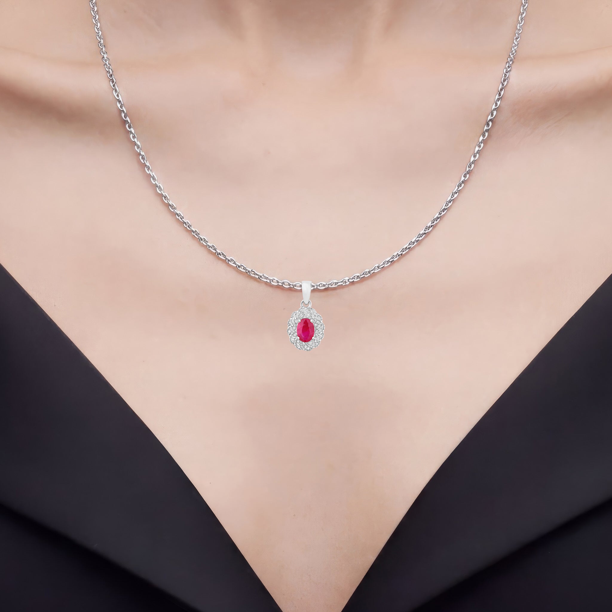 Ruby Floral Pendant With Diamonds 0.92 Carats 10K White Gold