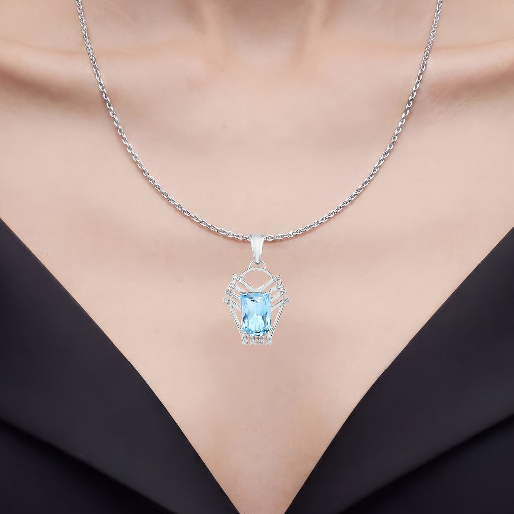 Swiss Blue Topaz Pendant With White Topaz 5.72 Carats Sterling Silver