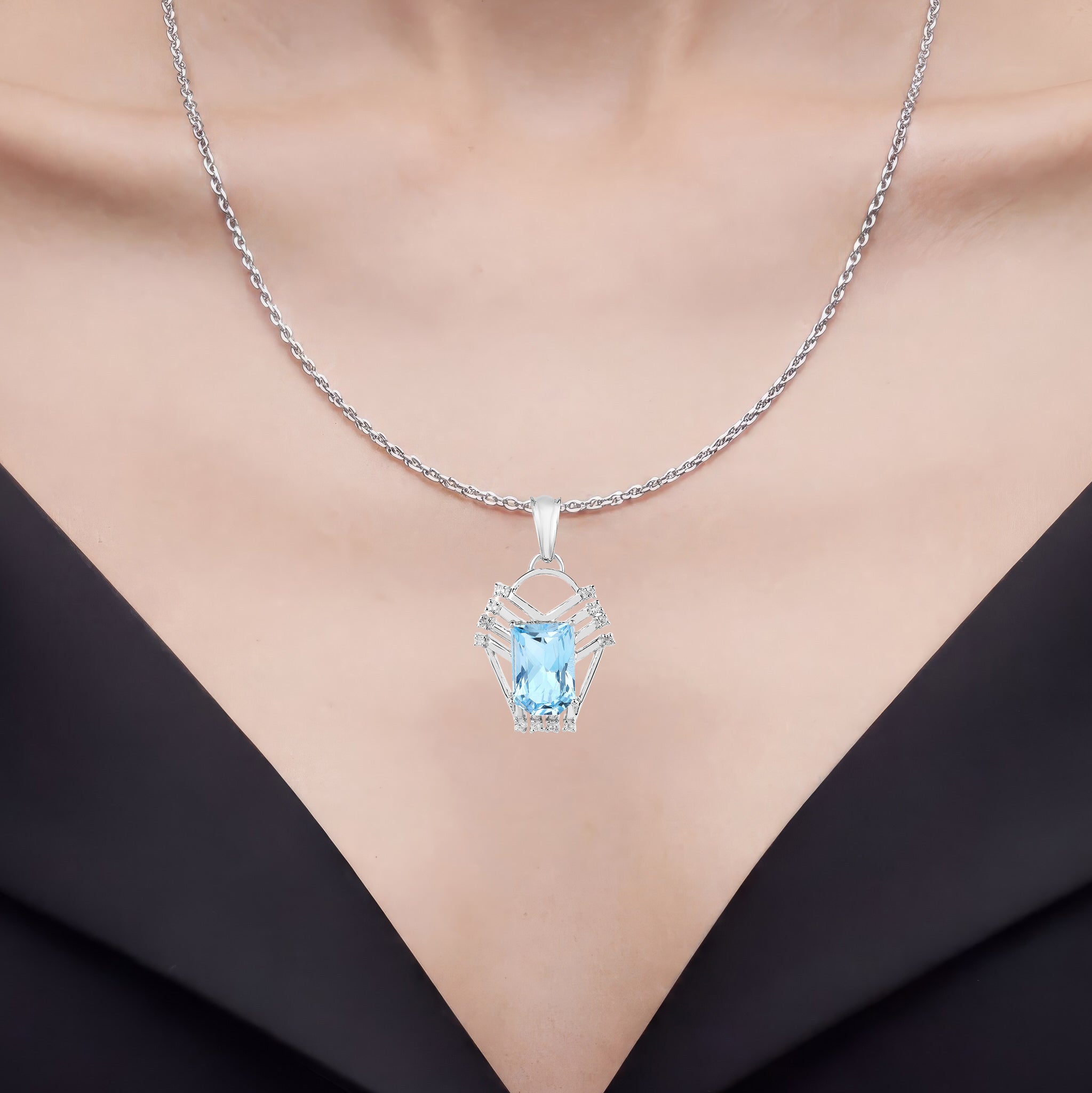 Swiss Blue Topaz Pendant With White Topaz 5.72 Carats Sterling Silver