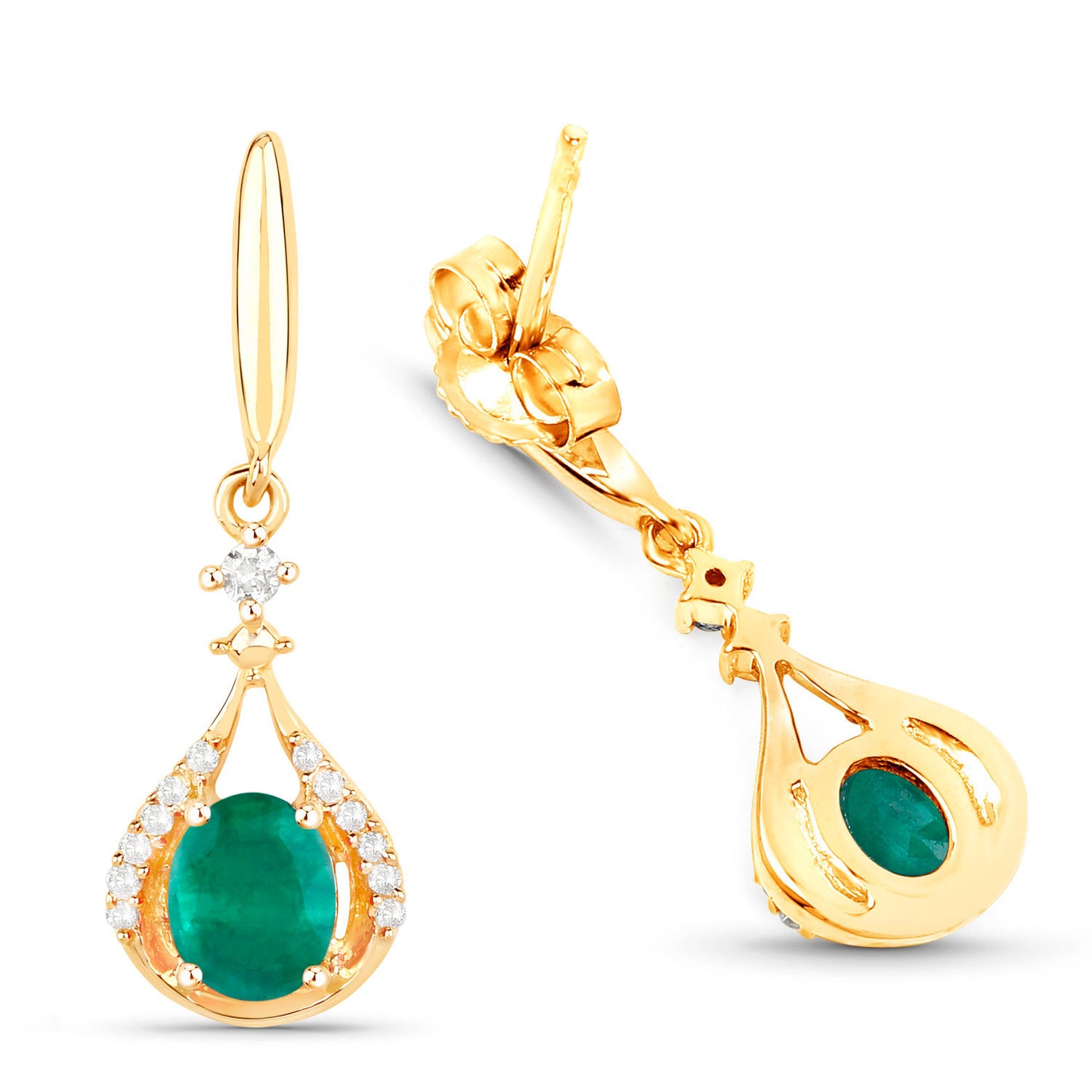 Zambian Emerald Dangle Earrings Diamonds 0.6 Carats 14K Yellow Gold