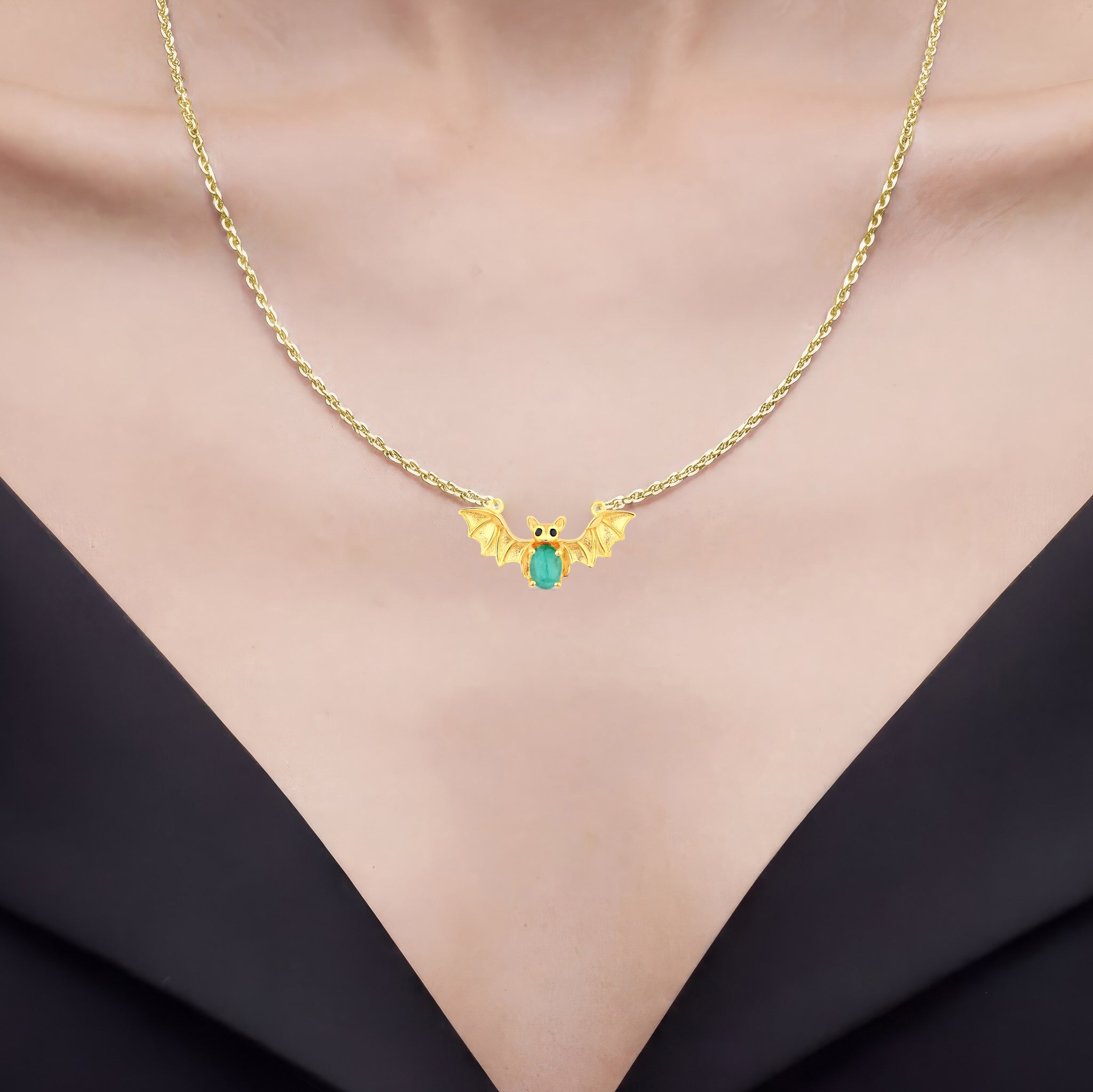 Emerald Bat Necklace With Black Spinel 1.06 Carats Gold Plated Silver