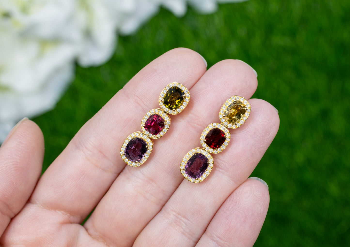 Multicolored Spinel Earrings Diamond Halo 8.50 Carats 18K Gold
