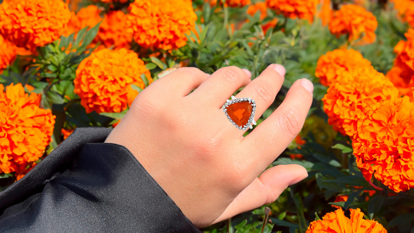 Fire Opal Ring With Diamonds 4.14 Carats 14K White Gold