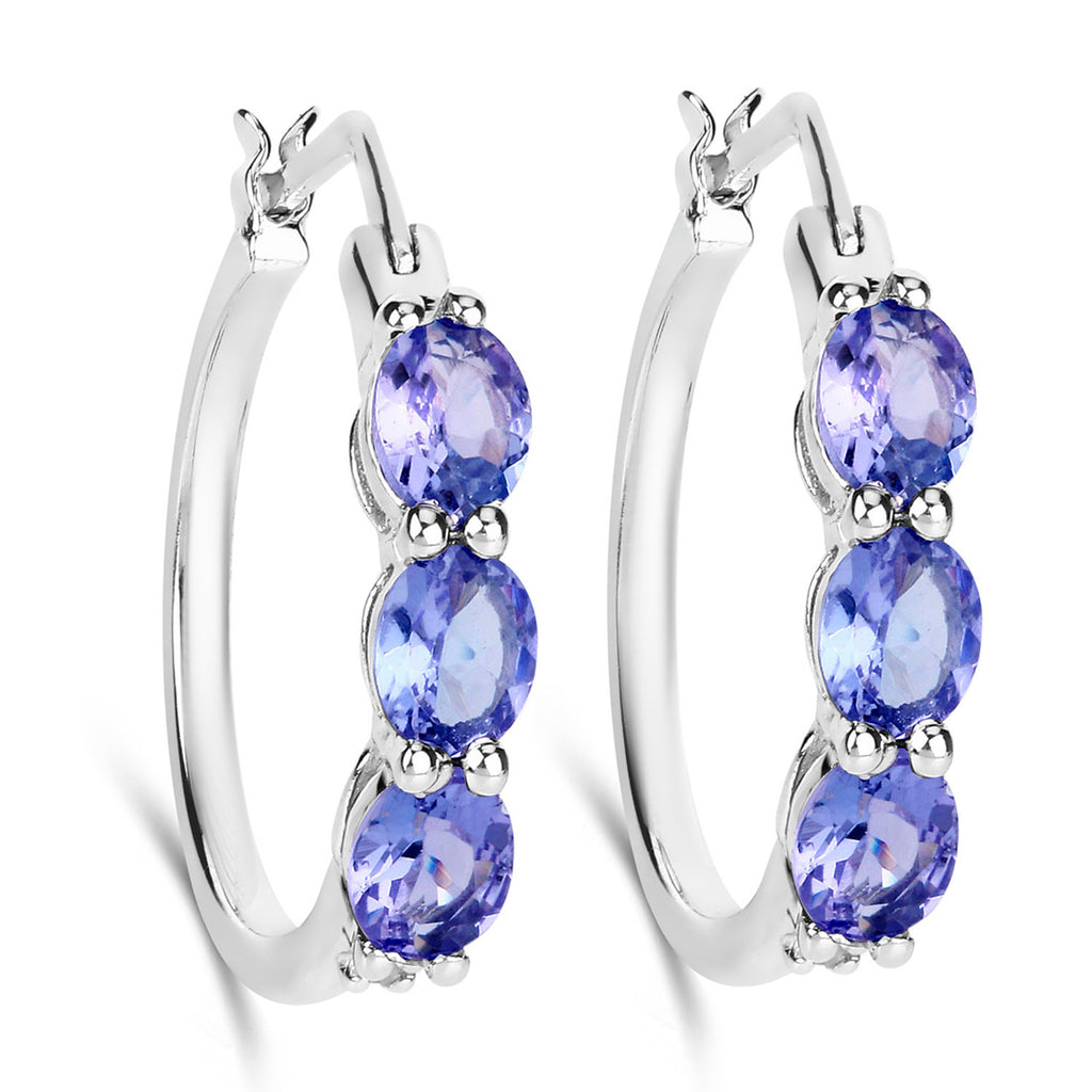 Natural Tanzanite Hoop Earrings With Diamonds 1.97 Carats Sterling Silver