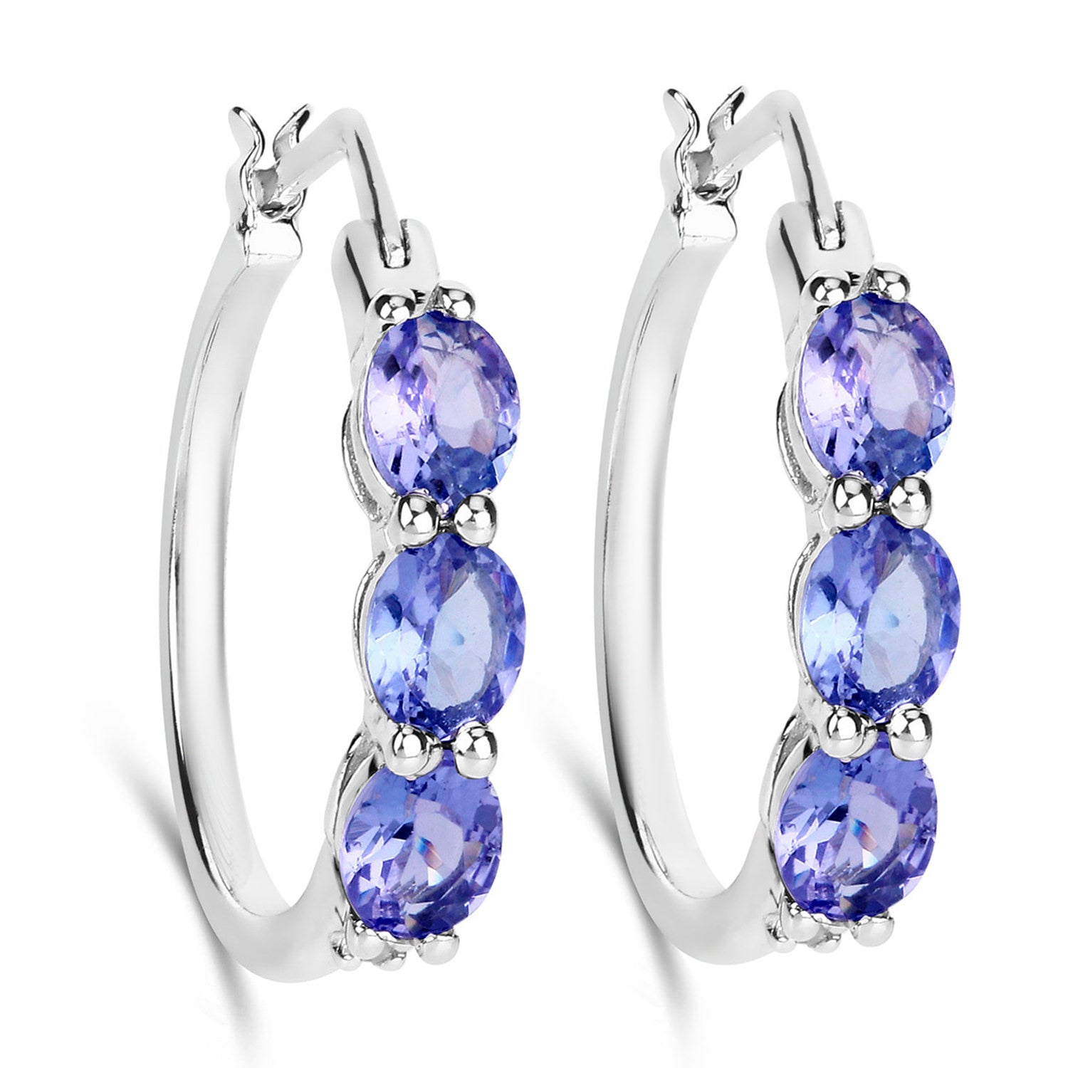 Natural Tanzanite Hoop Earrings With Diamonds 1.97 Carats Sterling Silver