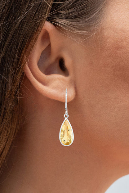 Teardrop Citrine Dangle Earrings 10 Carats 18K White Gold Plated Silver
