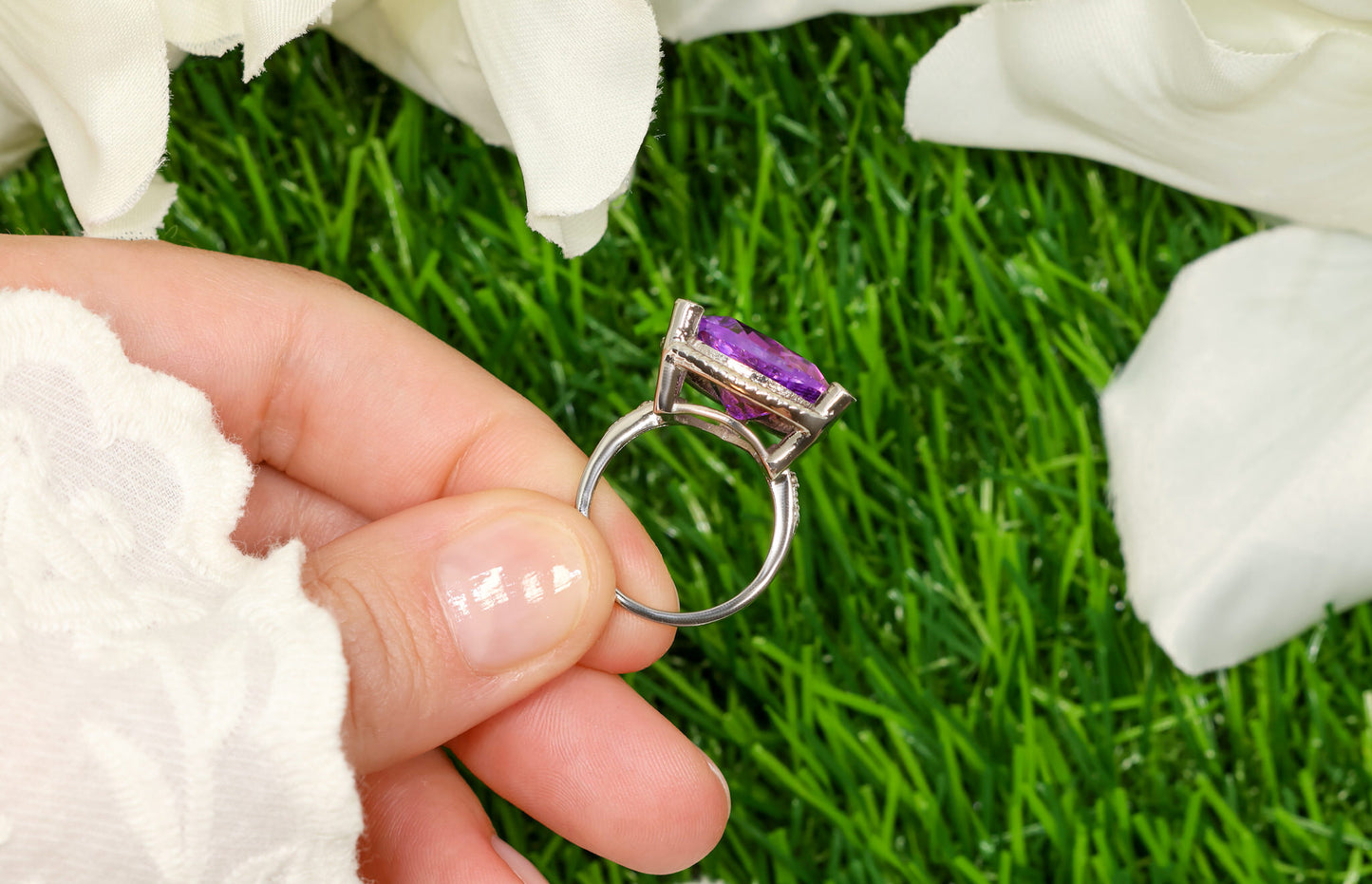 Trillion Cut 8.15 Carat Amethyst Ring With White Topaz