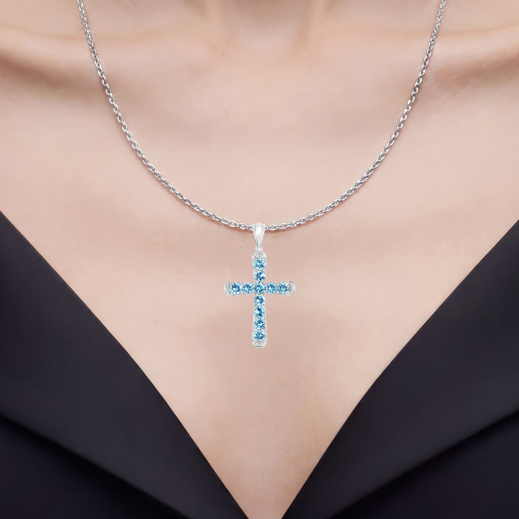 Blue Topaz Cross Pendant 3.84 Carats Sterling Silver