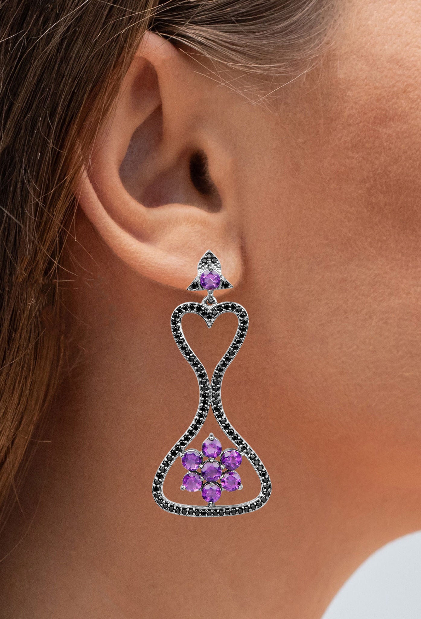 Amethyst Dangle Earrings Black Spinel 6.2 Carats Black Rhodium Plated Silver