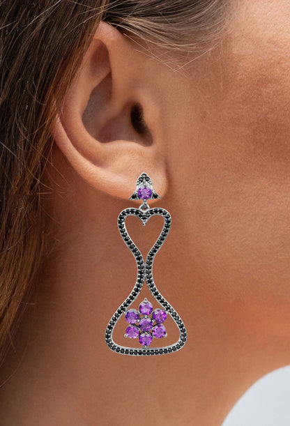 Amethyst Dangle Earrings Black Spinel 6.2 Carats Black Rhodium Plated Silver