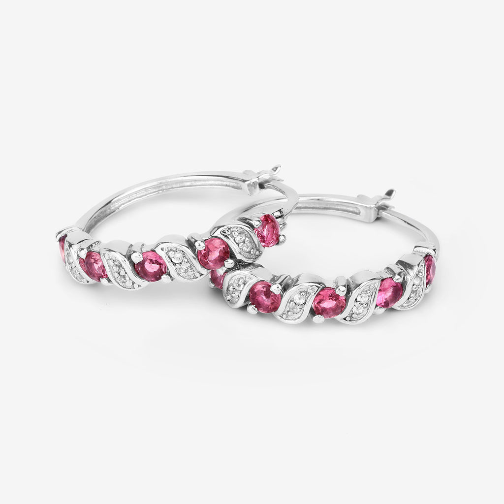Pink Tourmaline Hoop Earrings With White Topaz 1.24 Carats Sterling Silver