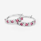 Pink Tourmaline Hoop Earrings With White Topaz 1.24 Carats Sterling Silver