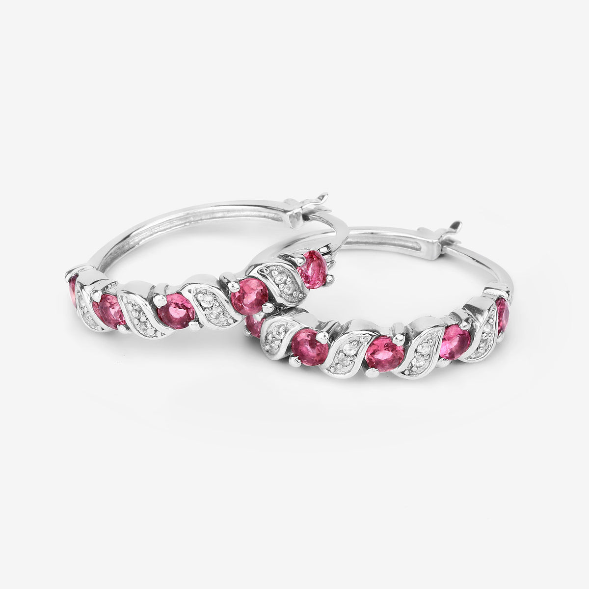 Pink Tourmaline Hoop Earrings With White Topaz 1.24 Carats Sterling Silver