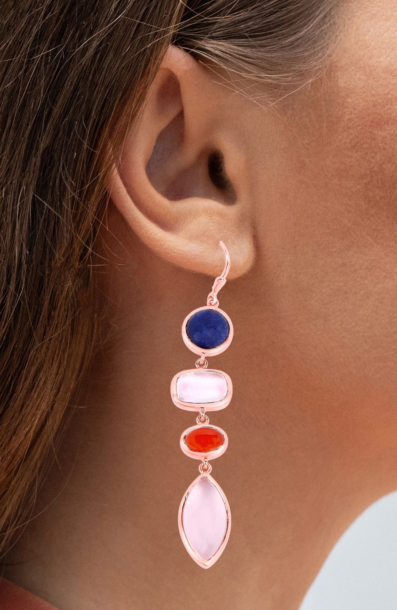 Aventurine Dangle Earrings Carnelian Rose Quartz 33 Carats Gold Plated Silver