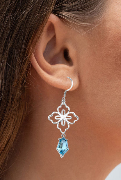Swiss Blue Topaz Dangle Earrings 12.8 Carats Rhodium Plated Silver