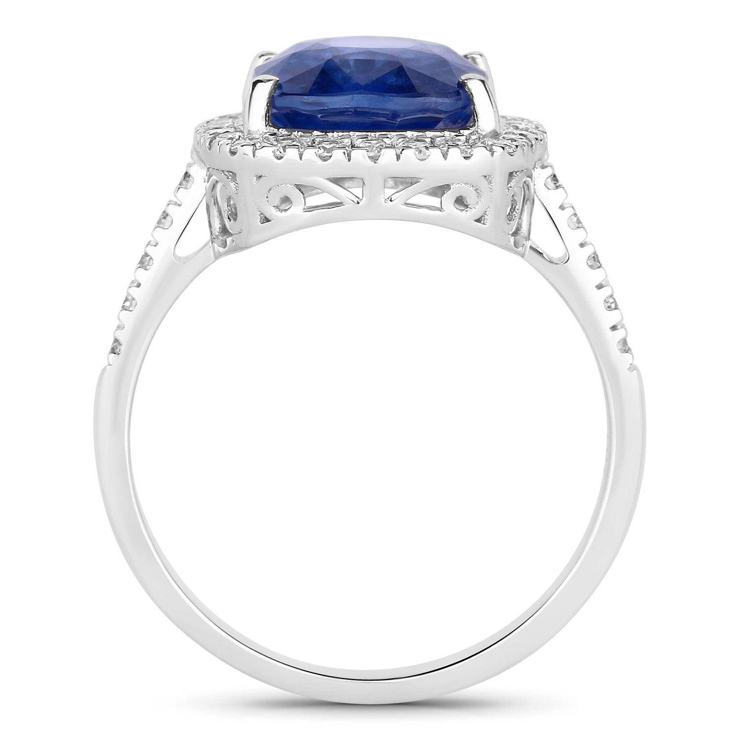 Blue Sapphire Ring With Diamonds 4.8 Carats 18K White Gold