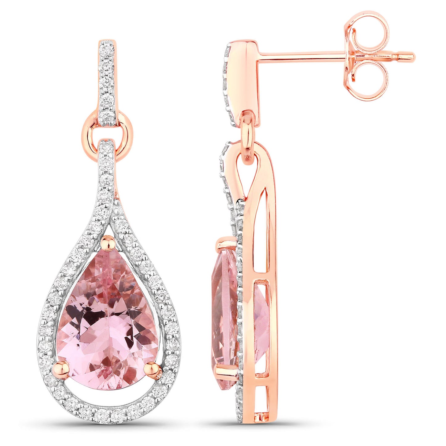 Morganite Earrings With Diamonds 3.32 Carats 14K Rose Gold