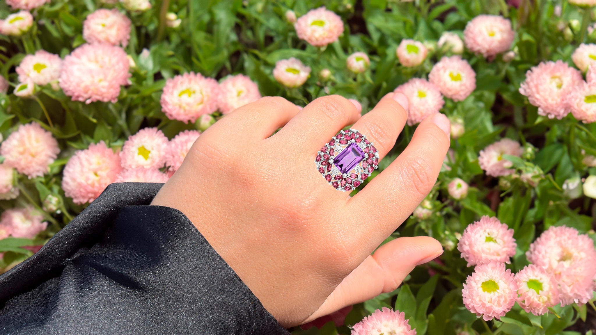 Amethyst Cocktail Ring Rhodolite Garnets and White Topazes 7.60 Carats
