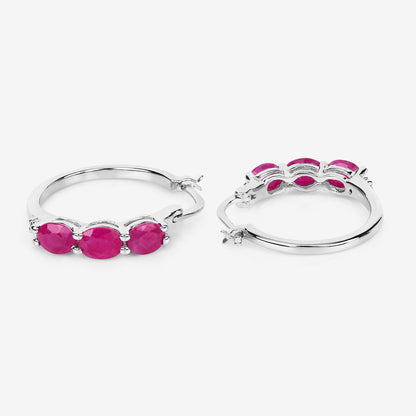 Natural Ruby Hoop Earrings With Diamonds 1.79 Carats Sterling Silver