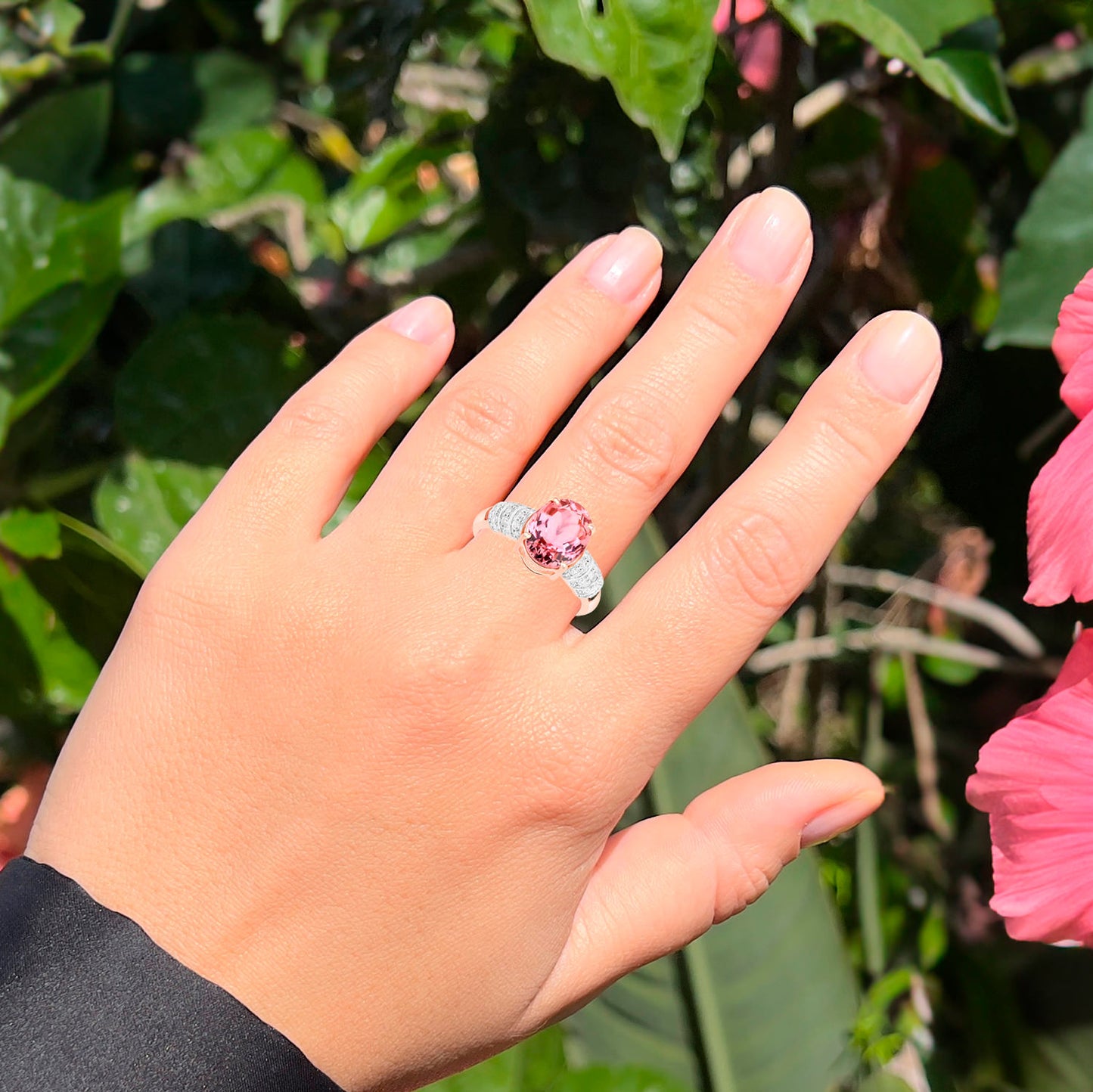 Natural Pink Tourmaline Ring With Diamonds 3.08 Carats 14K Rose Gold