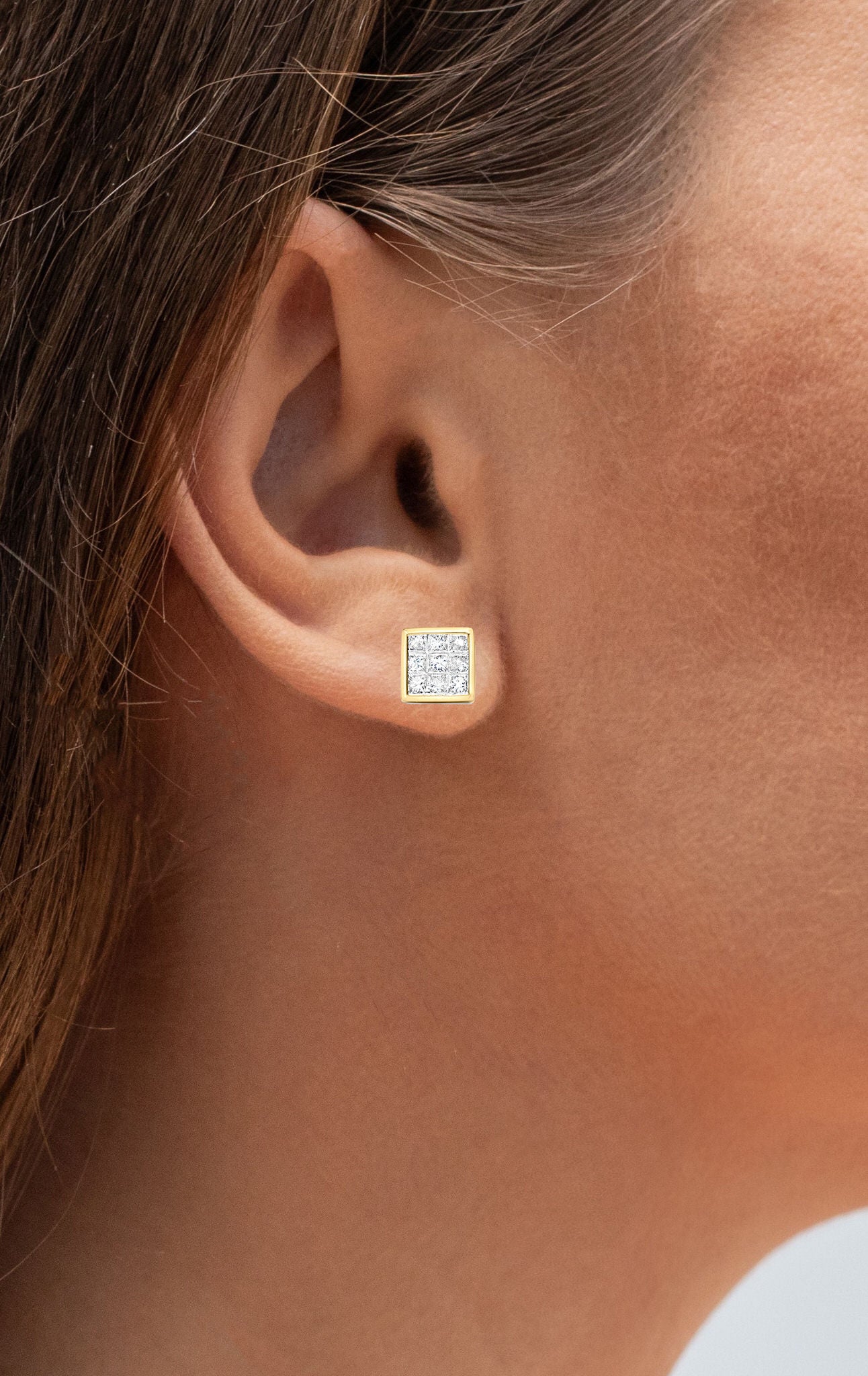 Square Stud Earrings Illusion Set Diamonds Princess Cut 14K Yellow Gold