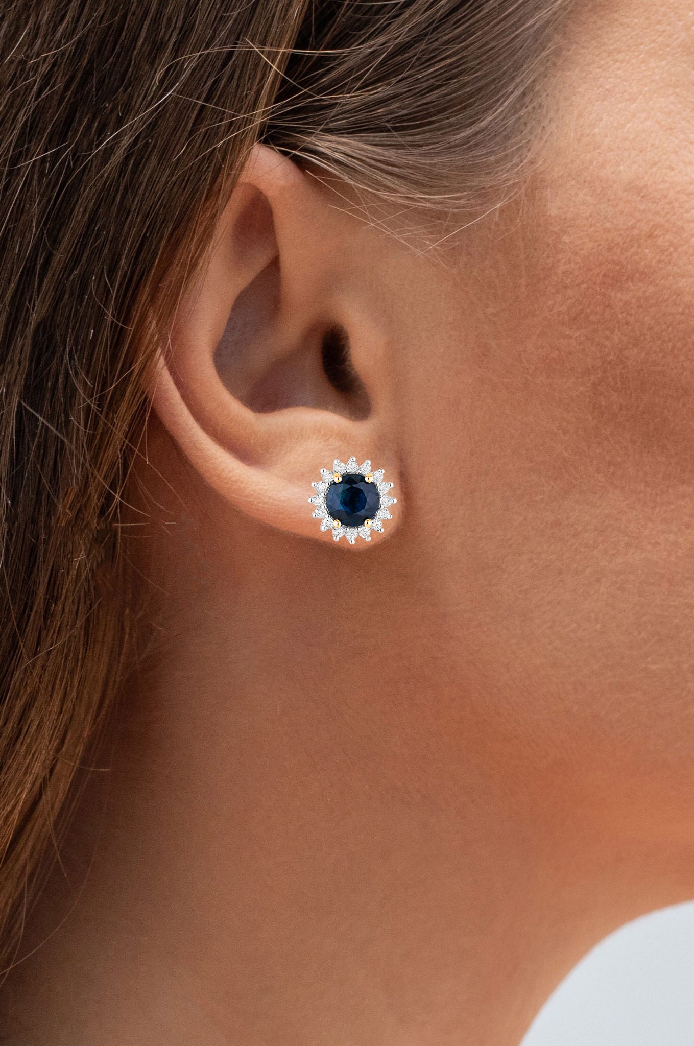 Blue Sapphire Halo Earrings Diamonds 2.3 Carats 14K Yellow Gold