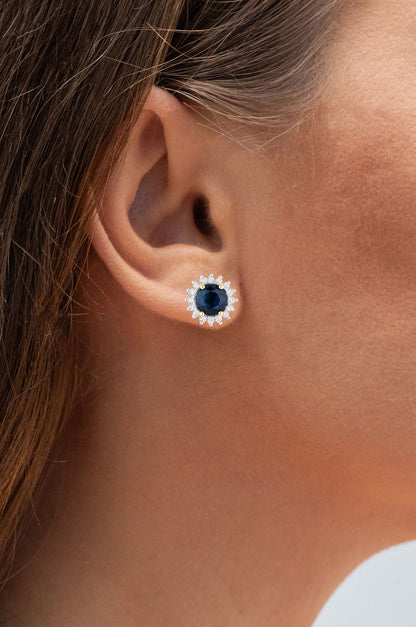 Blue Sapphire Halo Earrings Diamonds 2.3 Carats 14K Yellow Gold